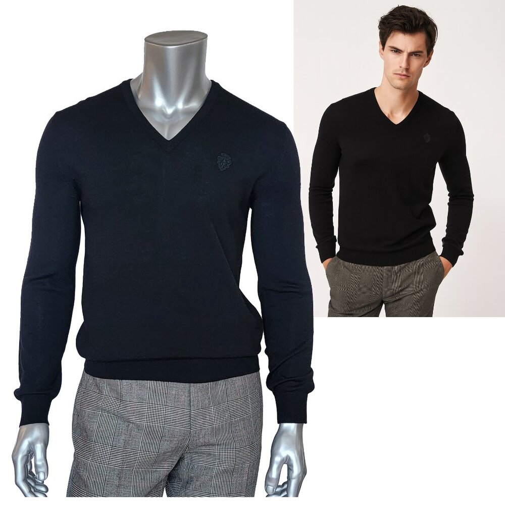 GUCCI MENS SWEATER BLACK WOOL V-NECK w HYSTERIA LOGO CREST sz M MEDIUM